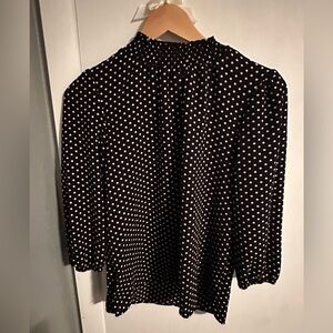 Monteau Los Angeles Black with White Polka Dot Mock Neck Blouse, Medium